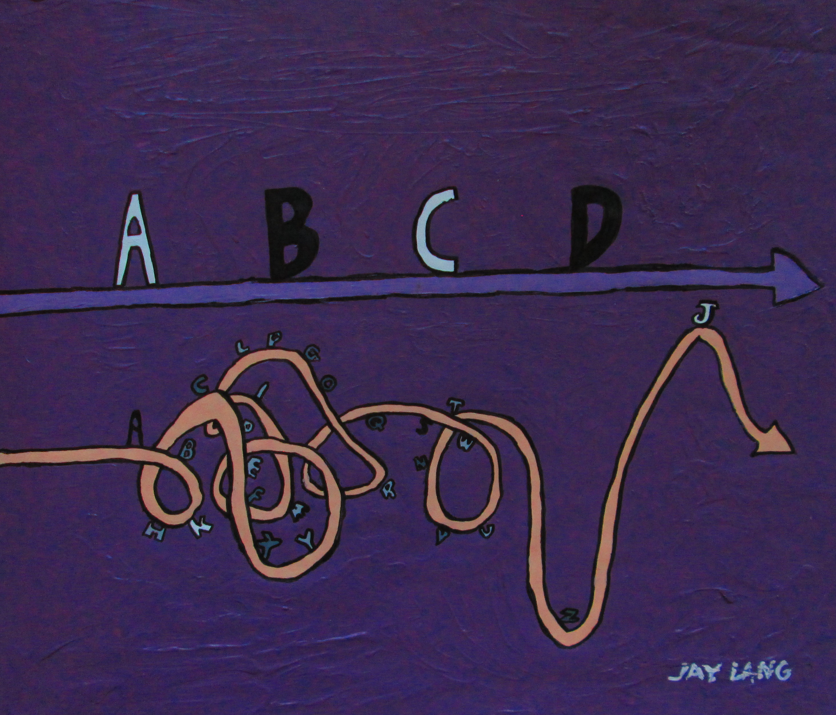 Order and Chaos is an acrylic painted piece depicting two lives. The straight one is calm, and the other is chaotic. The makeup of the lives is represented by the English alphabet moving along each one.